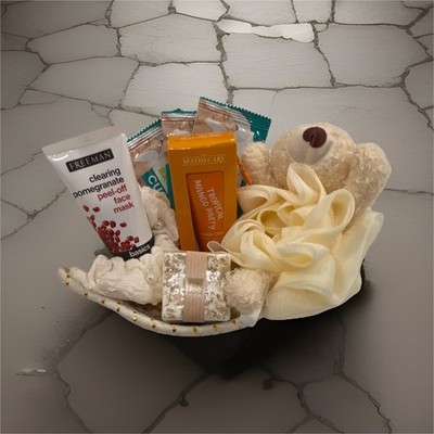 Spa Gift Basket Set with Cosmetics, Plush Teddy Bear, Loofah, Soap, Masks