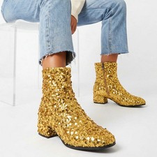 Women Sequin Ankle Boots Round Toe Block Heel Glitter Party Stage Fashion Shoes