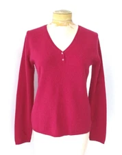Madison Studio Dark Fuchsia Pink 2-Button V-Neck SOFT 100% Cashmere Sweater L