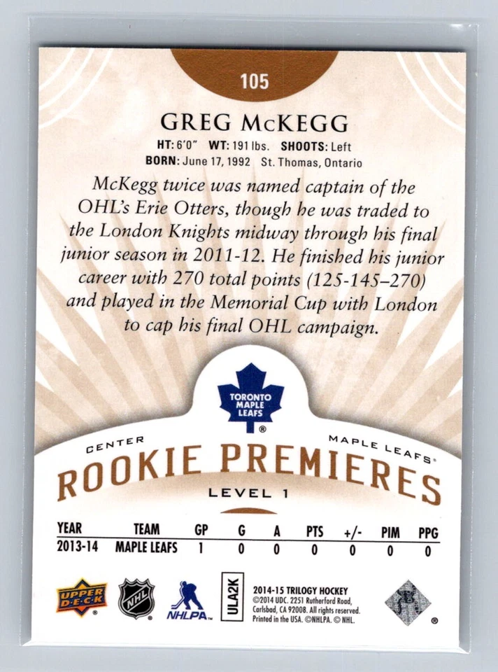 2014-15 Upper Deck Trilogy #105 Greg McKegg /799 RC Toronto Maple Leafs - Image 2 of 2