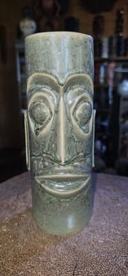 Vintage Tiki Mug Mark Thomas Outrigger Cannery Row Monterey Green Moai OMC Japan