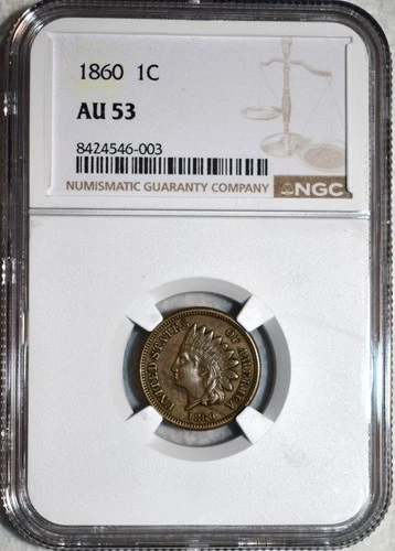 NGC AU-53 1860 Indian Head Cent, Richly Hued w/ Light Luster.