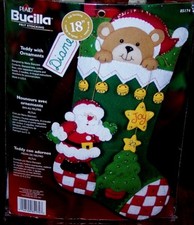 Bucilla Santa "TEDDY BEAR WITH ORNAMENTS" Felt Christmas Stocking Kit Original