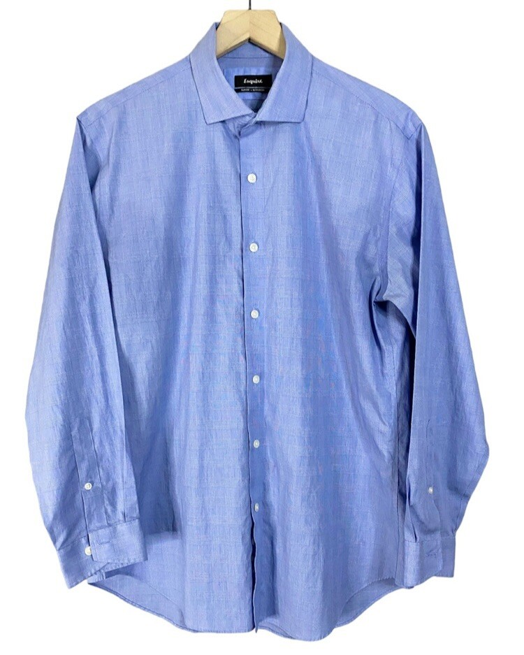 Esquire Mens Blue Long Sleeve Slim Fit Collared Dress Shirt Size Large 16  Neck