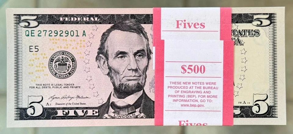 100 FIVE 5 dollars bill Brand NEW $5 NOTE UNCIRCULATED 2021A UNC BIP crispy 2021 - Image 3 of 4