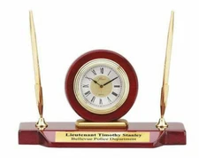 Desk Clock Double Pen Set Clock Cherry Wood Base Personalized Gifts Awards Grads