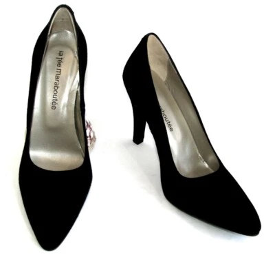 LA FEE MARABOUTEE - Escarpins talons 9.5 cm cuir suède noir 38 - NEUF & BOITE - Photo 1/4