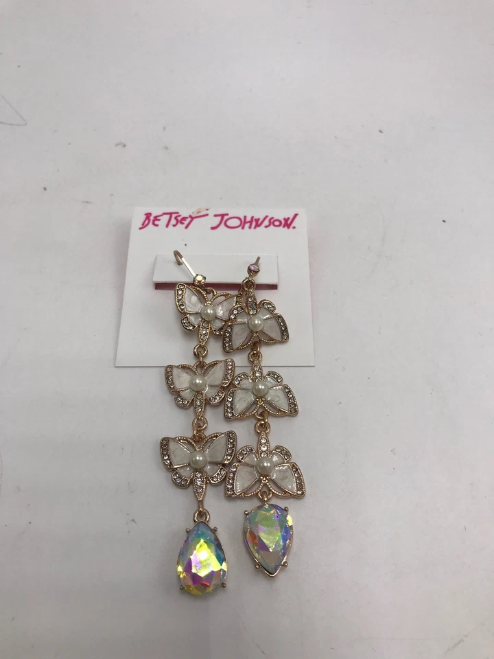 $52  Betsey Johnson FLUTTERBYE BUTTERFLY Rose Gold/Crystals Linear Earrings BF1A - Image 4 of 4