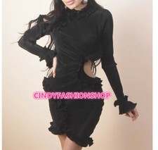 Women Ruffle Long Sleeve Hollow Out Sexy Retro Bandage Party Bodycon Dresses #A8