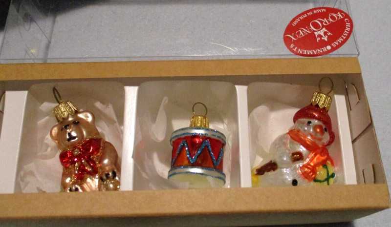 Koronex Poland Miniature Christmas Ornament Set/3 Bear Drum Snowman NIB