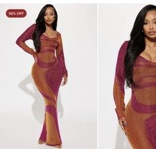 Fashion Nova- Jackie Metallic Maxi Dress - Orange/combo