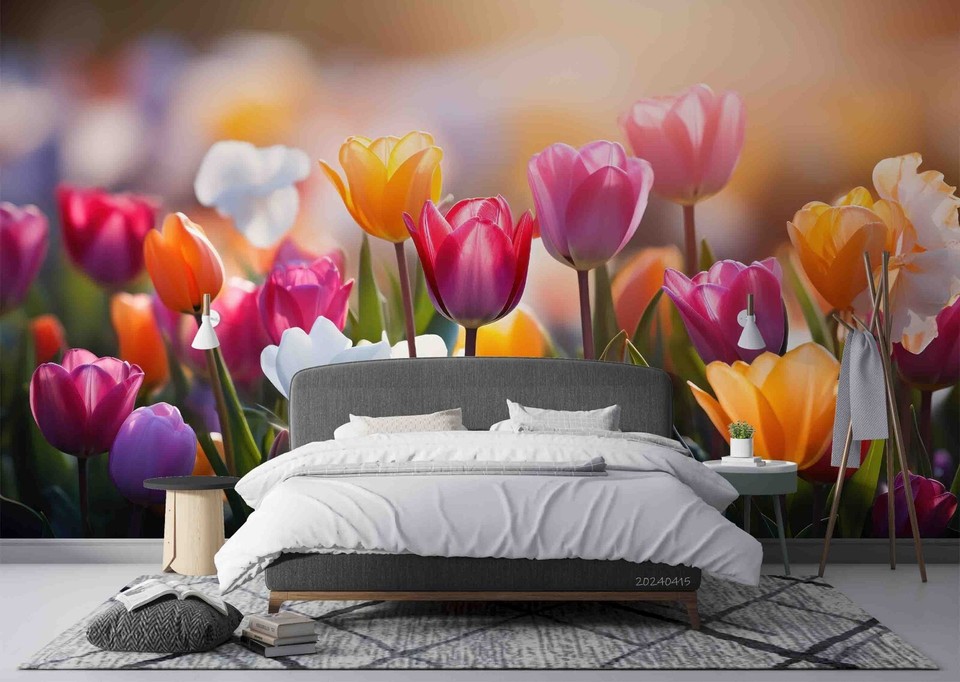 3D Tulip Pink Yellow Floral Wallpaper Wall Murals Removable Wallpaper