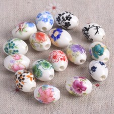 10pcs Flower Patterns Oval Shape 10x15mm 12x18mm Ceramic Porcelain Loose Beads