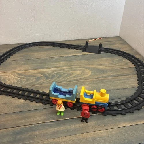 Vintage 1990s Playmobil BLUE TRAIN ENGINE w/Passenger Car & Tracks Set 6911 (Q9)