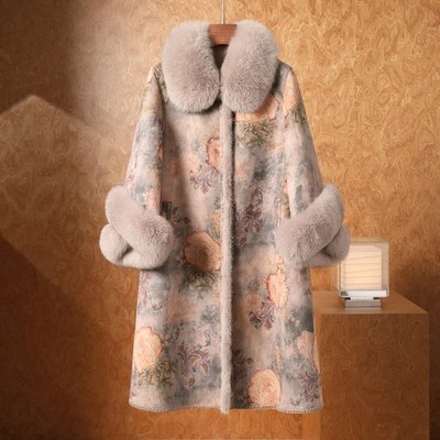 Chinese Style Mother's Winter Coat Women's Fox Fur Collar Leather Warm Coat