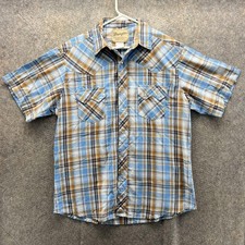Wrangler Western Shirt Mens Large Blue Brown Plaid Short Sleeve Pearl Snap Vtg