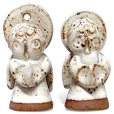 2pc VTG Handmade Speckled Pottery Ceramic Talisman Angel Figurines 2.2''