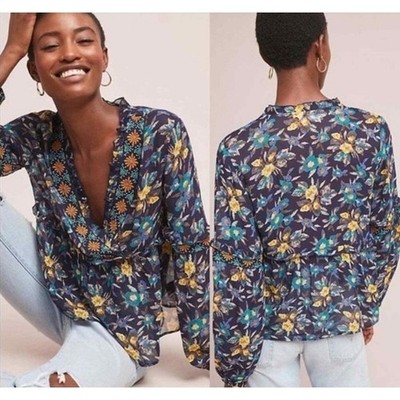 Anthropologie Meadow Rue Strasser Floral Blouse embroidered beaded size medium 
