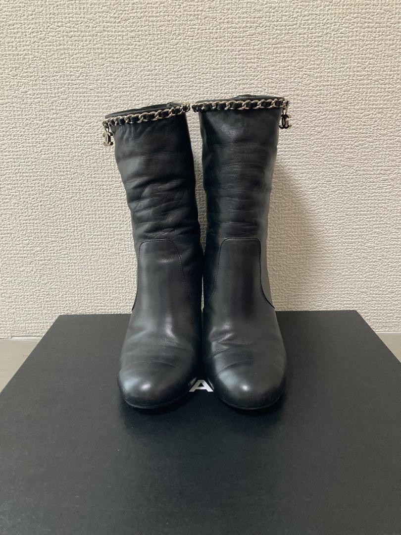 CHANEL chain lamb leather Heel Boots Bootie Shoes Women Size 351