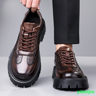 Men's Platform Dress Formal Business Banquet Leather Shoes Crack Round Toe 2025