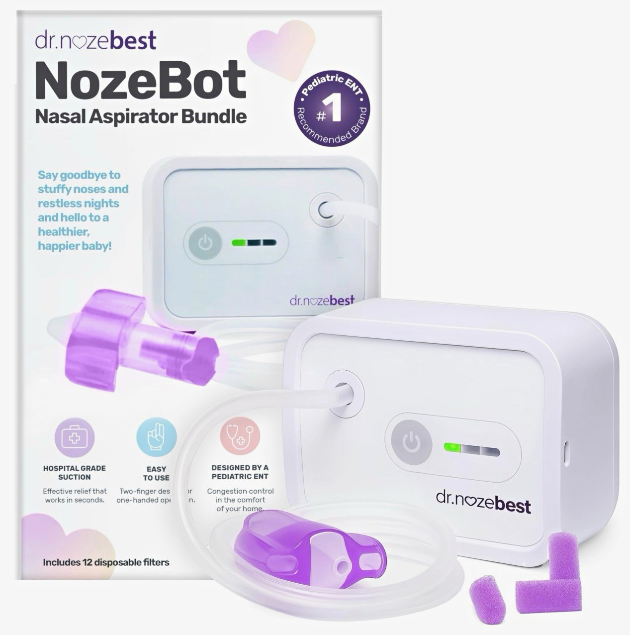 dr.nozebest NozeBot Nasal Aspirator Bundle, White & Purple NozeBot Model