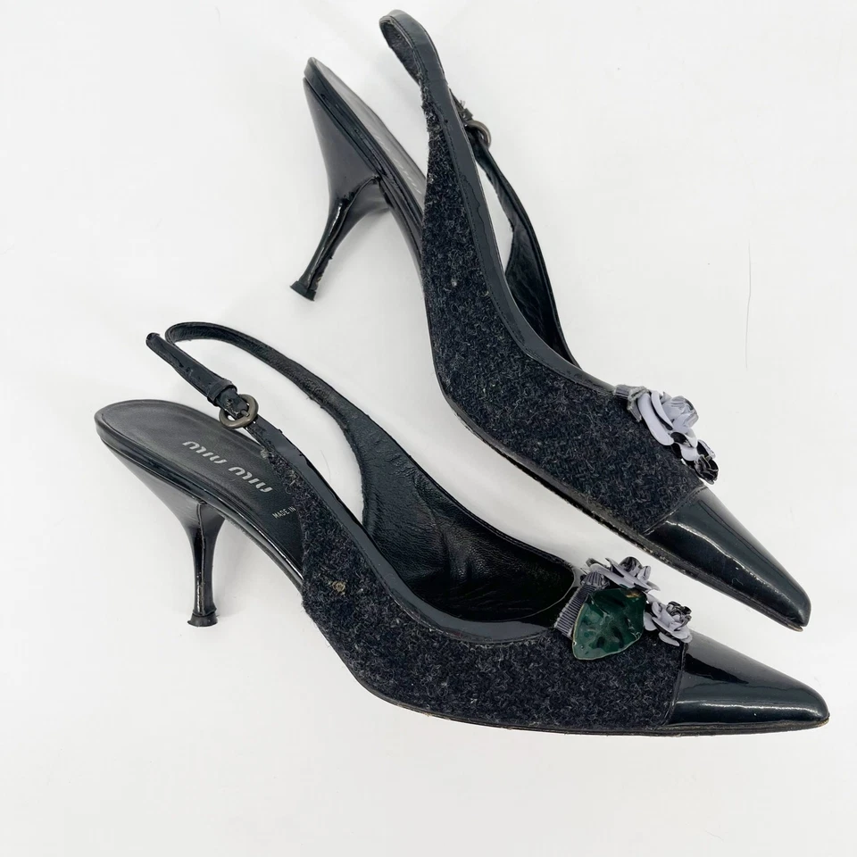 Miu Miu Vintage Charcoal Wool Black Cap Toe Floral Applique Slingback Heel IT 38 - Image 3 of 4