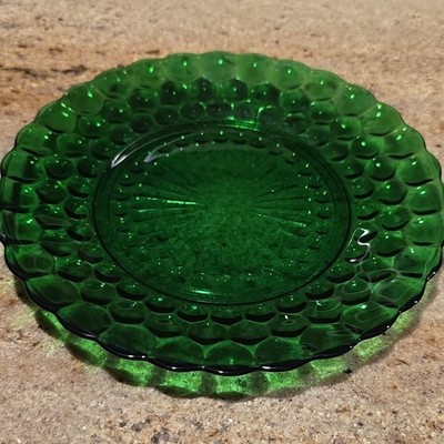 Vintage 3pc Set Anchor Hocking Emerald Green Bubble pattern glass plate 9in