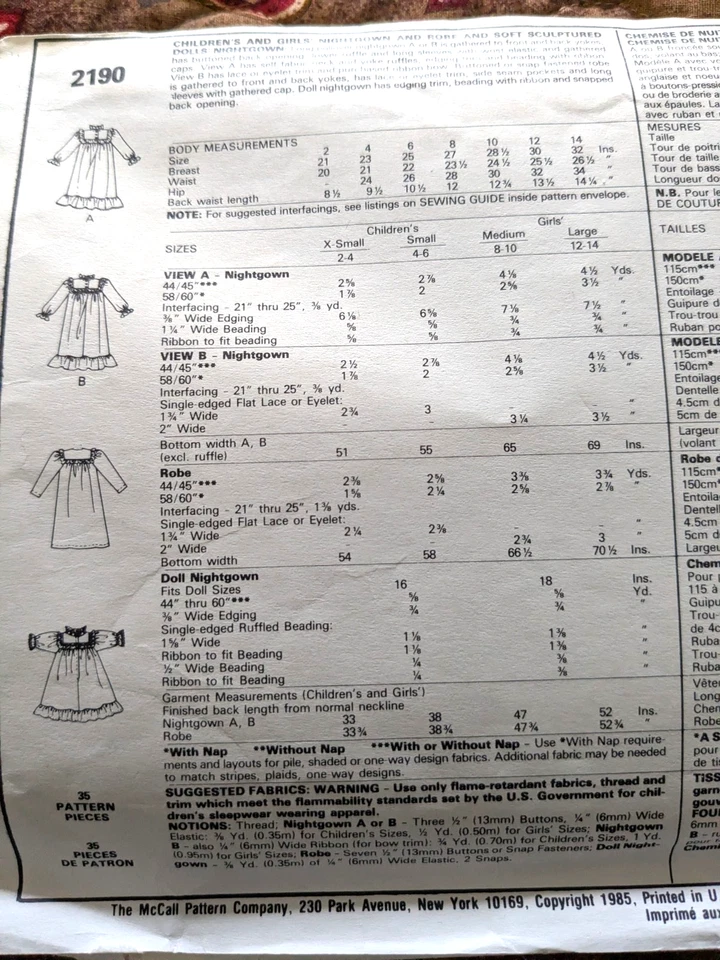 McCall's 2190 Sewing Pattern Girl's Nightgown & Robe Sz 8-10, 16" Doll Nightgown - Image 3 of 4