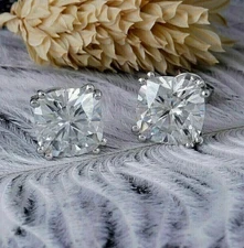 6 Ct White Treated Diamond Studs Cushion Shape VVS1 Certified ! Anniversary Gift