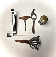 Vintage Bar Utensils Barware Tools Stainless Steel Wood Handle Jigger Spoons 6