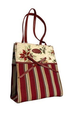 Longaberger Holiday Purse Gift Bag Small Tote Poinsettias Red Green Stripe 23540