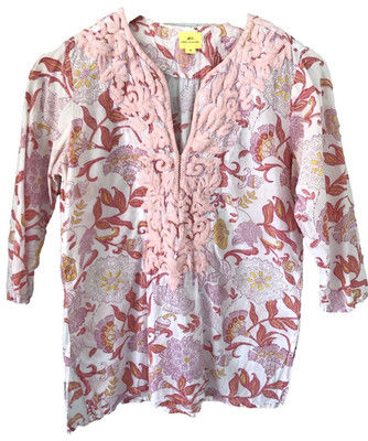 Roller Rabbit Floral Embroidered Shirt Pink 3/4 Sleeve Cotton Sz XS