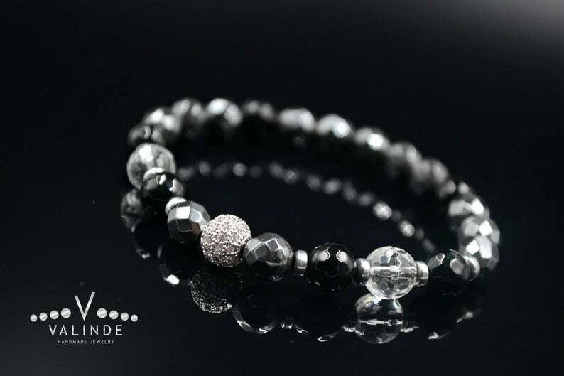 Herren Armband Edelstein Bracelet Quarz Achat Hämatit Zirkonia Geschenk für Mann - Bild 2 von 4