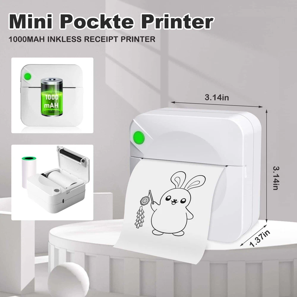 Mini Photo Printer Portable Thermal Printer with 1 Rolls Paper for iOS Android