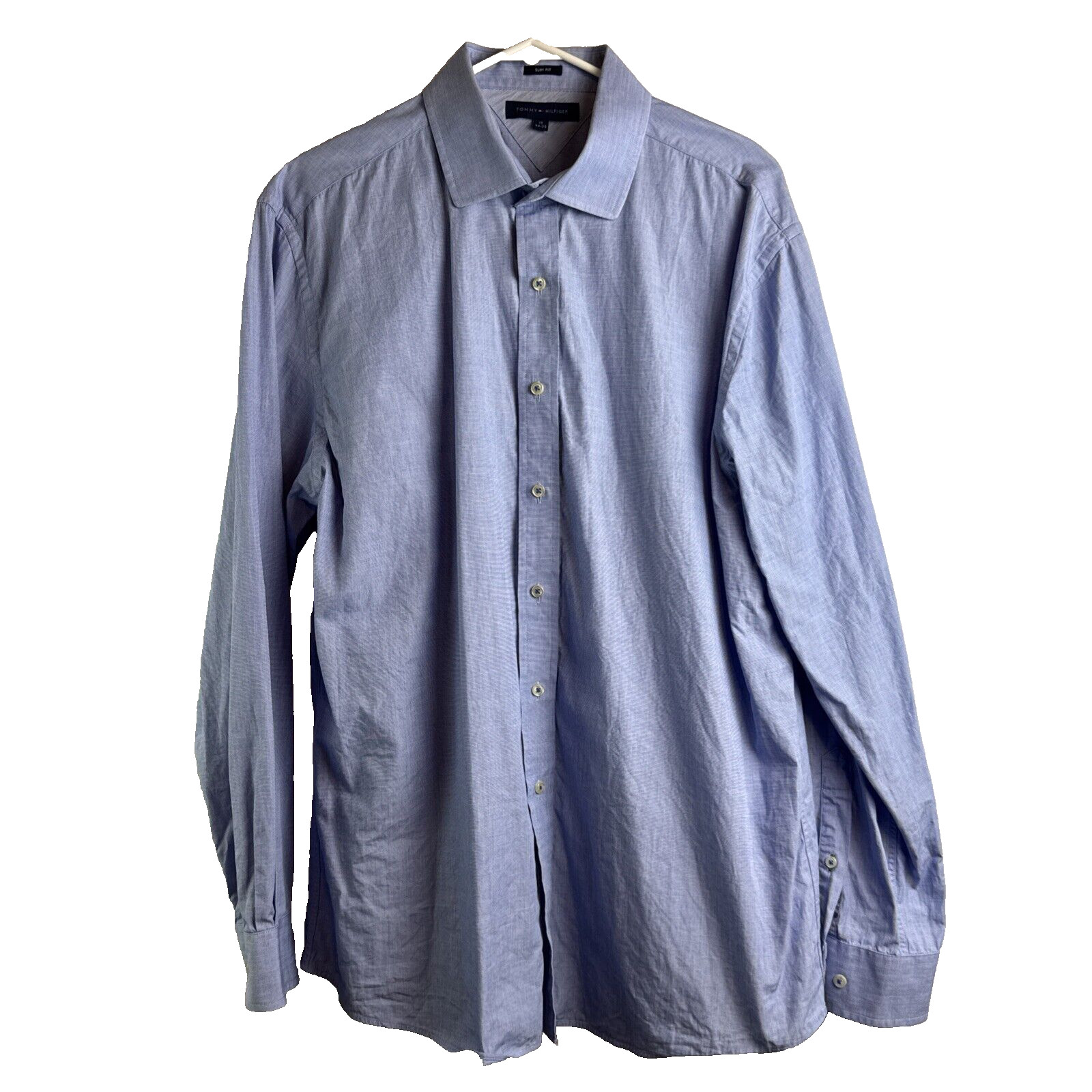 Tommy Hilfiger Mens 17 34-35 Dress Shirt Blue Long Sleeves Button Collar Cotton