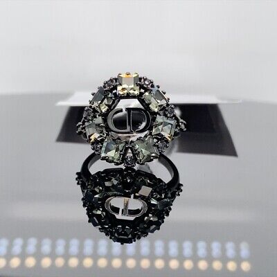 Christian Dior Black-Finish Metal & gray Crystals Ring New Christian Dior Black-Finish Metal & gray Crystals Ring New