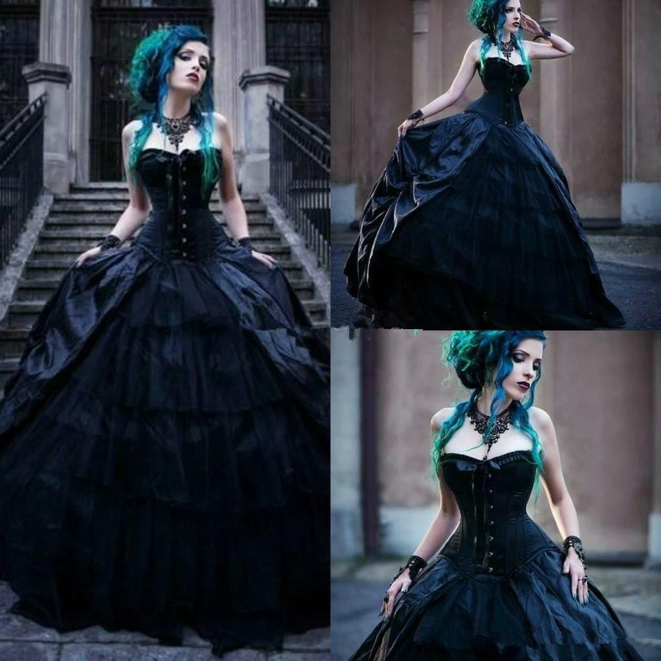 Victorian Black Wedding Dress Gothic Punk Style Strapless Country Vintage Gowns - Image 3 of 4