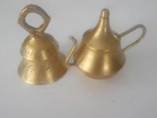 Brass miniatures dinner bell & tea pot