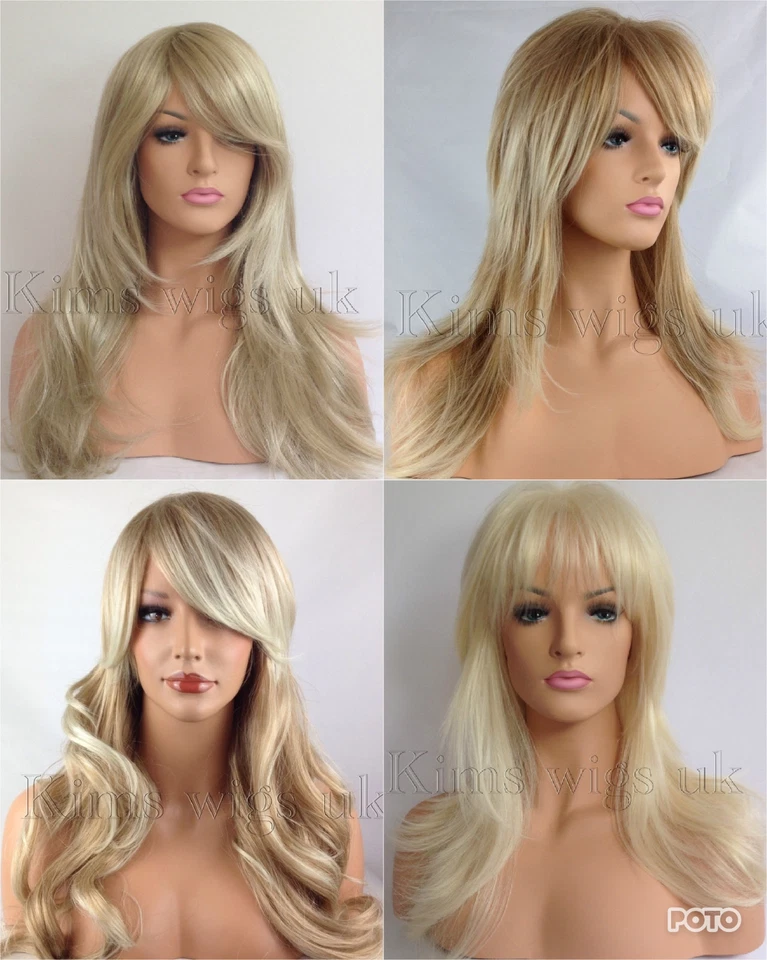 LONG BLONDE LADIES WOMENS FASHION HAIR WIG FLICKED WAVY CURLY LAYERED FRINGE UK
