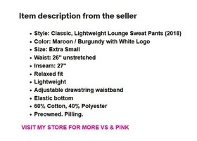 Victoria's Secret VS PINK Lightweight Lounge Sweat Pants Maroon Burgundy XS
