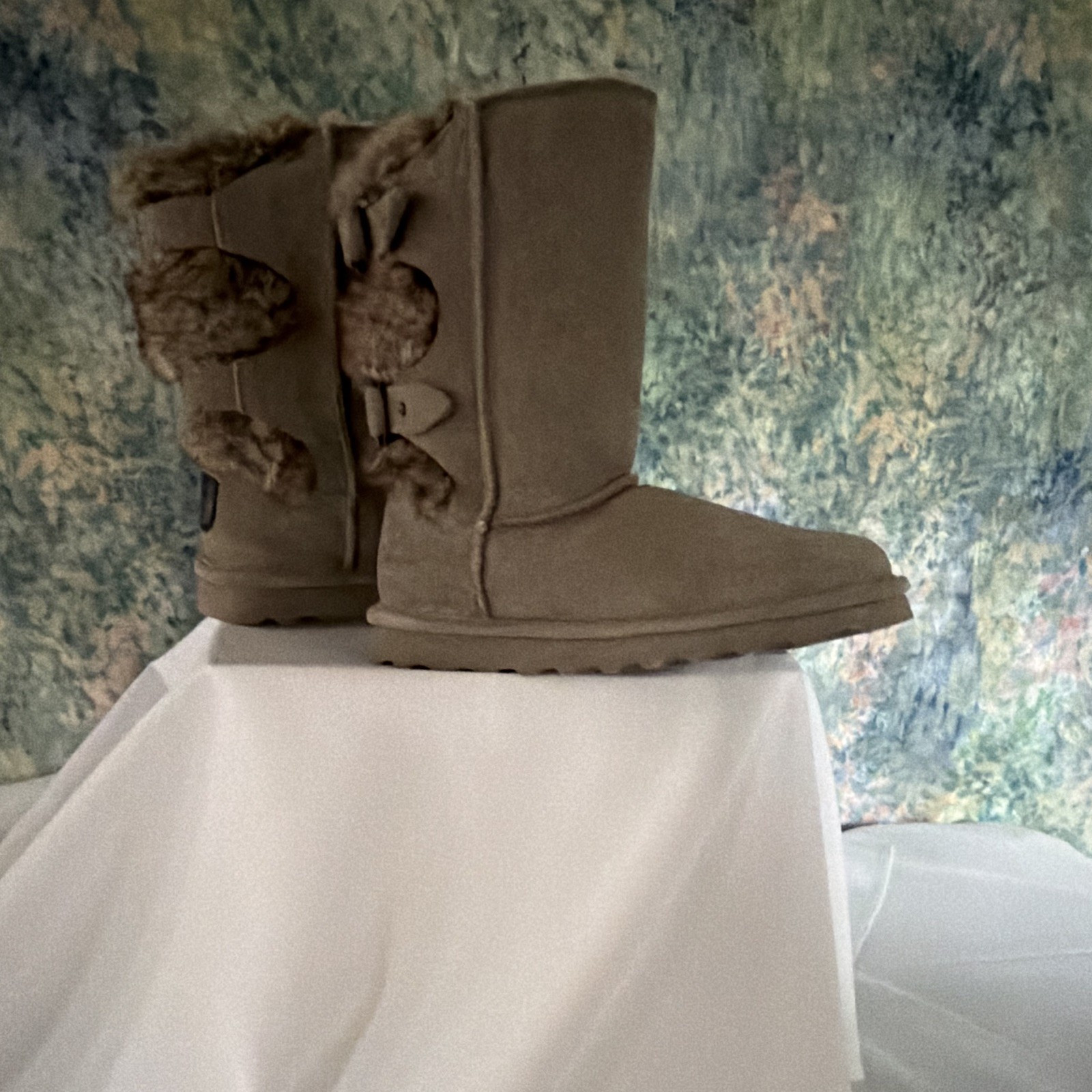 Bear Paw Women's Suede Mid-Calf Pull-On Boots Lined Fur Trim Bow Brown US 8