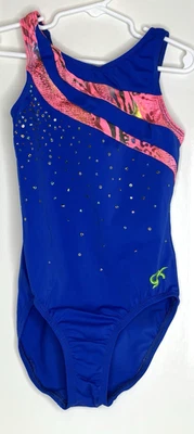 GK Elite CL Child Large L Blue Pink Print Hologram Sequins Gymnastics Leotard - Image 1 of 4