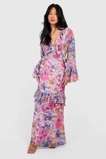 Boohoo Floral Ruffle Flare Bell Sleeve Babydoll Fairy Flowy Blossom Maxi Dress 2