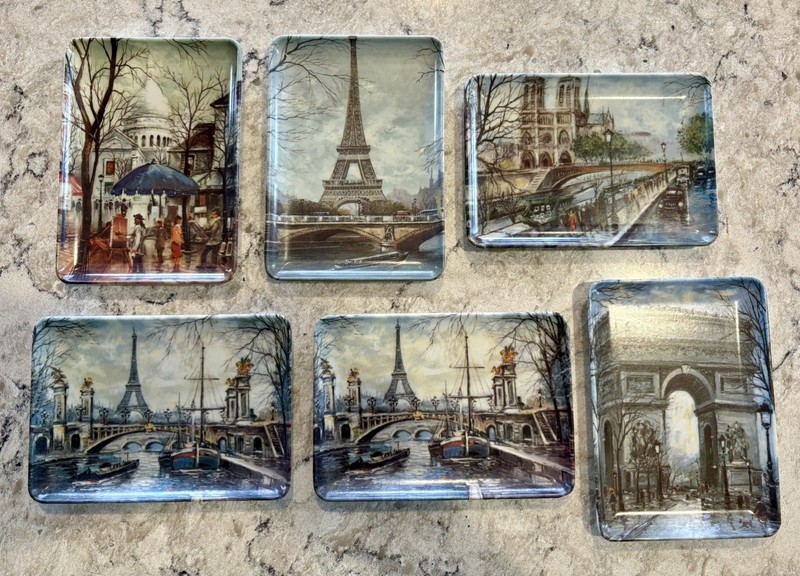 Vintage Paris Eiffel Tower Melamine Souvenir Trinket Dish Made In Italy Set of 6