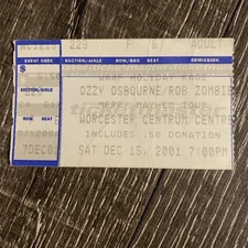 Ozzy Osbourne Rob Zombie Concert Ticket Stub Dec 15 2001 Worcester Centrum Ctr