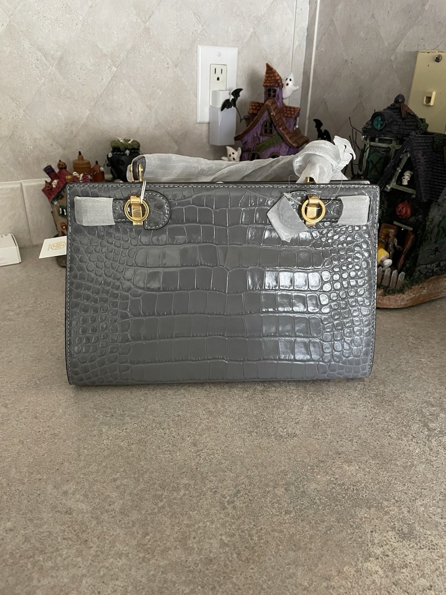 Tory Burch Lee Radziwill Embossed Crocodile Gray Top Handle Bag