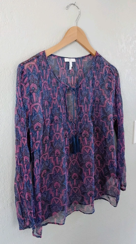 Joie Large Sheer Paisley Boho Blouse with Tassel Neckline 100% Silk Luxury - Image 3 of 4