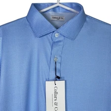 Collars & Co Polo Shirt Mens Large Blue Houndstooth Long Sleeve Quattro Flex NWT