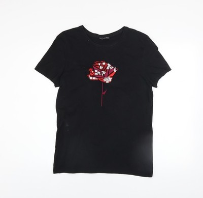 Zara Damen T-Shirt Schwarz Perlen Rose Gr. S Kurzarm Baumwolle
