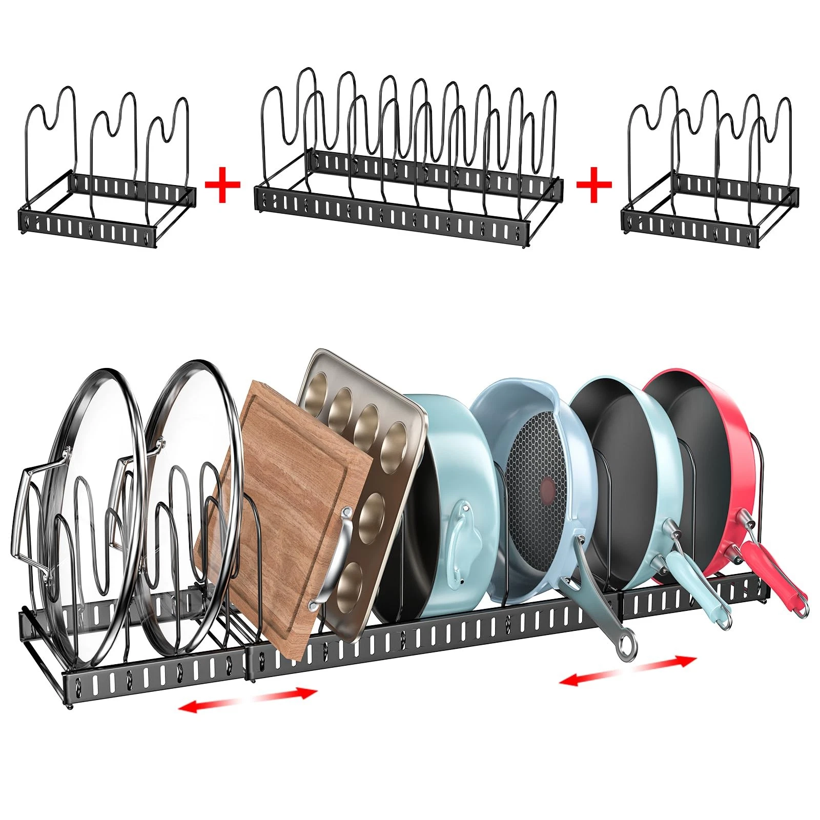 15 Adjustable Dividers Pot and Pan Organizer Rack, 7" D x 32" W x 7.1" H, 3 i...